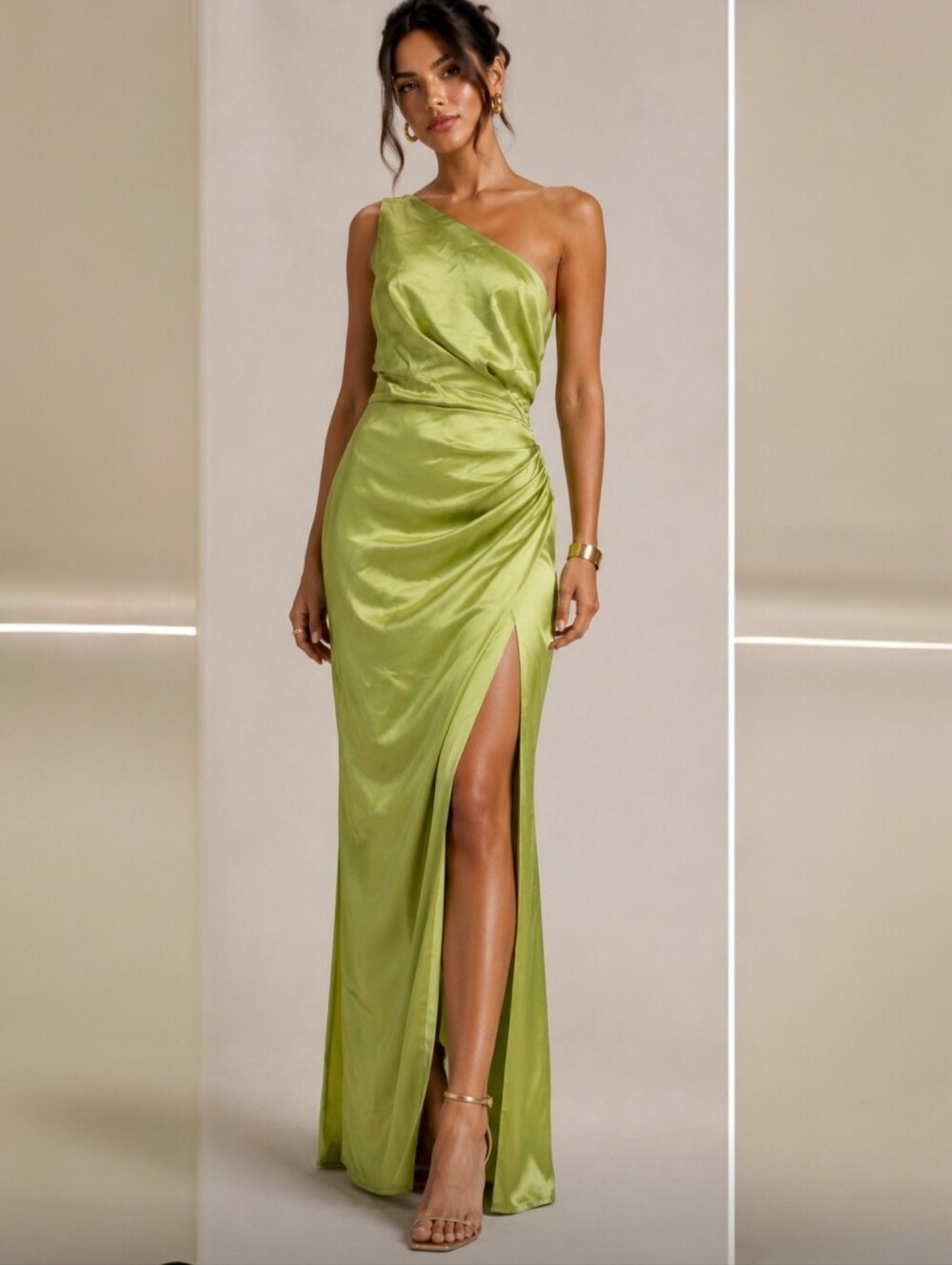 EUC Amy Enjoy Life One-Shoulder Light Green Satin Evening Gown Women's Medium
